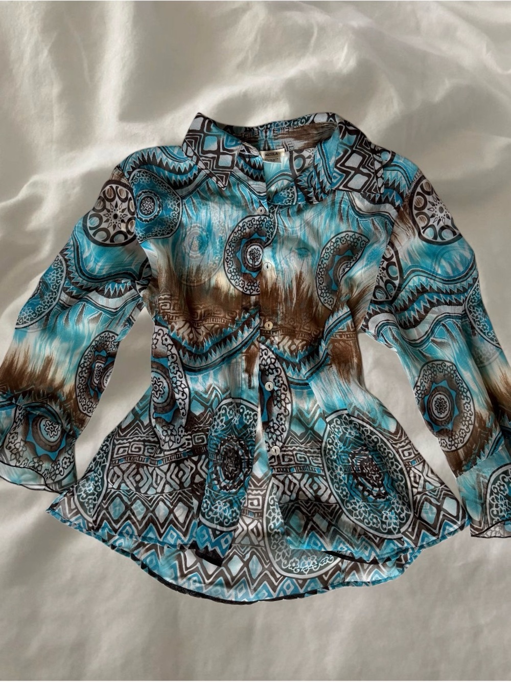 Vintage Y2K sheer brown and turquoise boho blouse